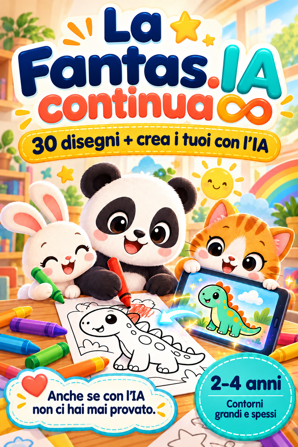 La copertina del libro con un panda, un coniglietto e un gattino che colorano